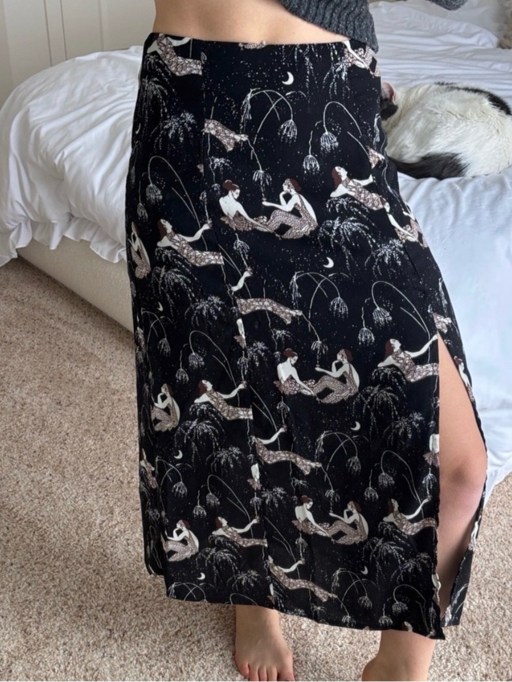 Black Patterned midi Women's Skirt with slit mermaids